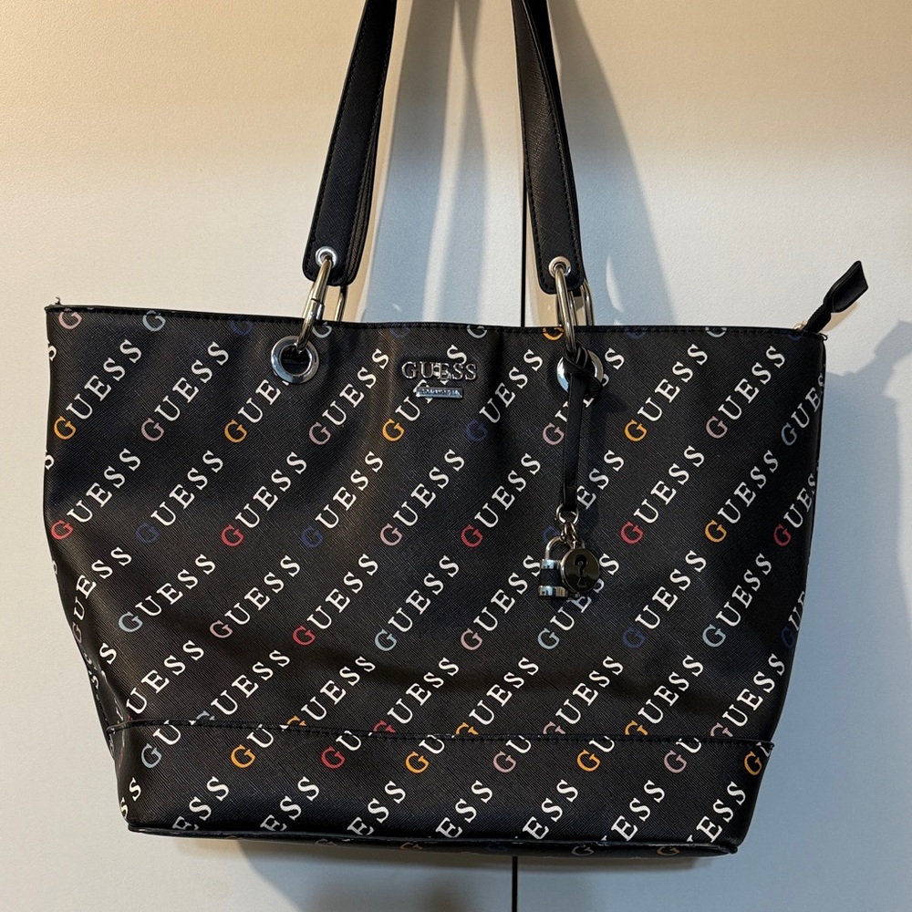GUESS Black Multi-Color Logo Tote